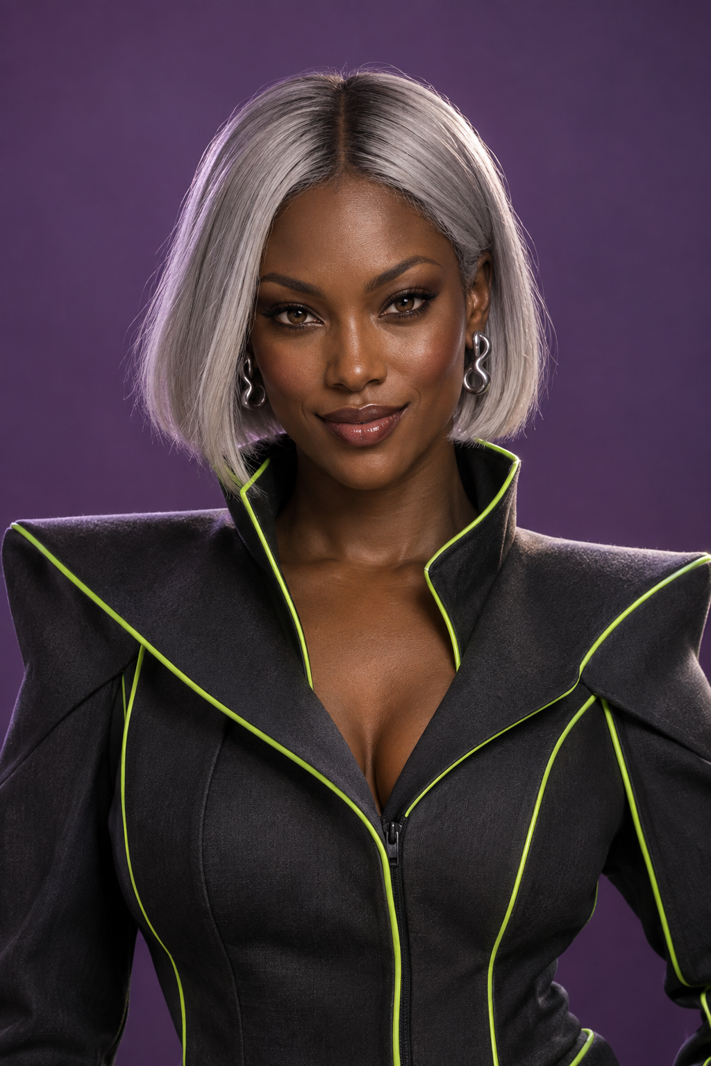Nova Noire with a silver bob and futuristic jacket